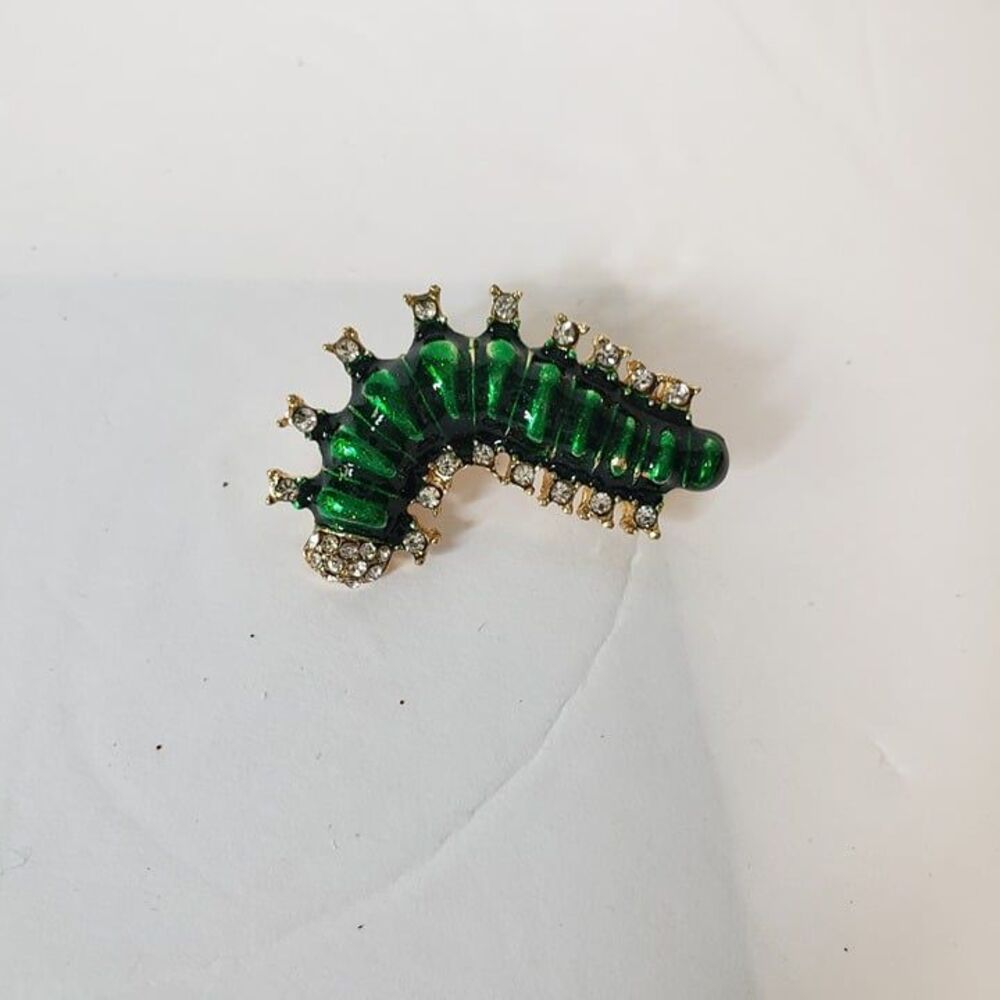 So Cute Green Jewel Tone Enamel Caterpillar Brooch Fashion Jewelry Pin Back